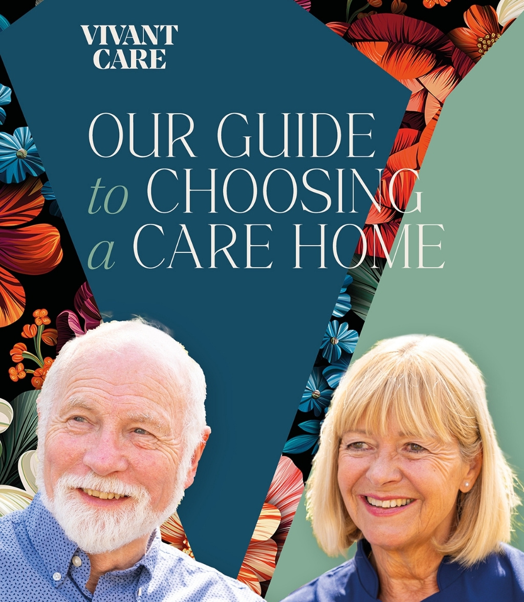 A male resident and female carer smiling together with text reading our guide to choosing a care home