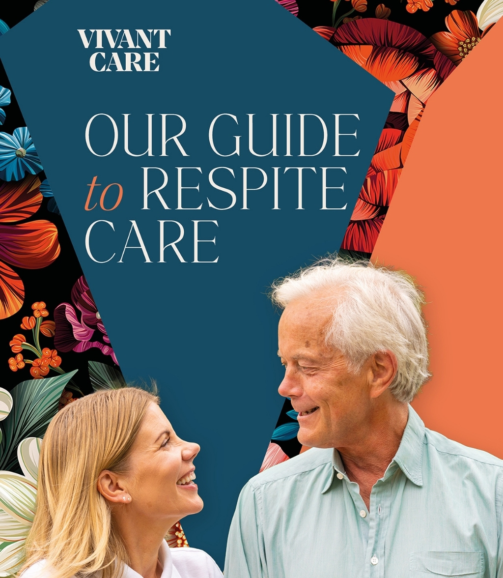A female carer and male resident looking at each other and smiling with text reading our guide to respite care